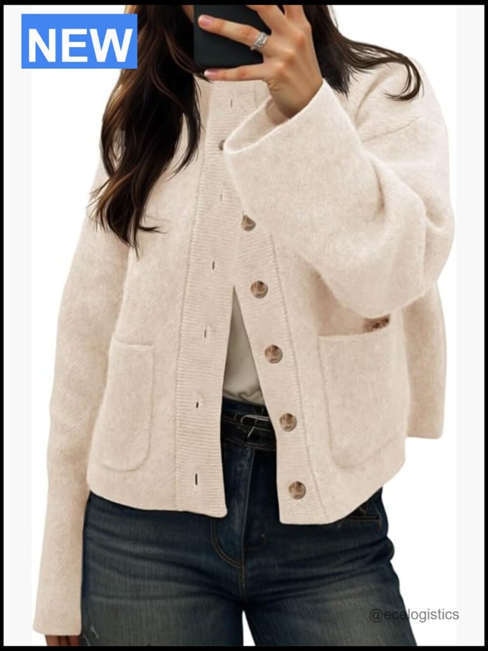 Chunky Knit Cardigan Button Down Mock Neck Open Front Long Sleeve with Pockets